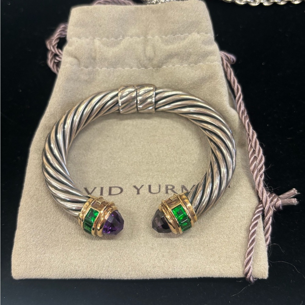 David Yurman Silver Bracelet with Gold, Green, and Purple Accents